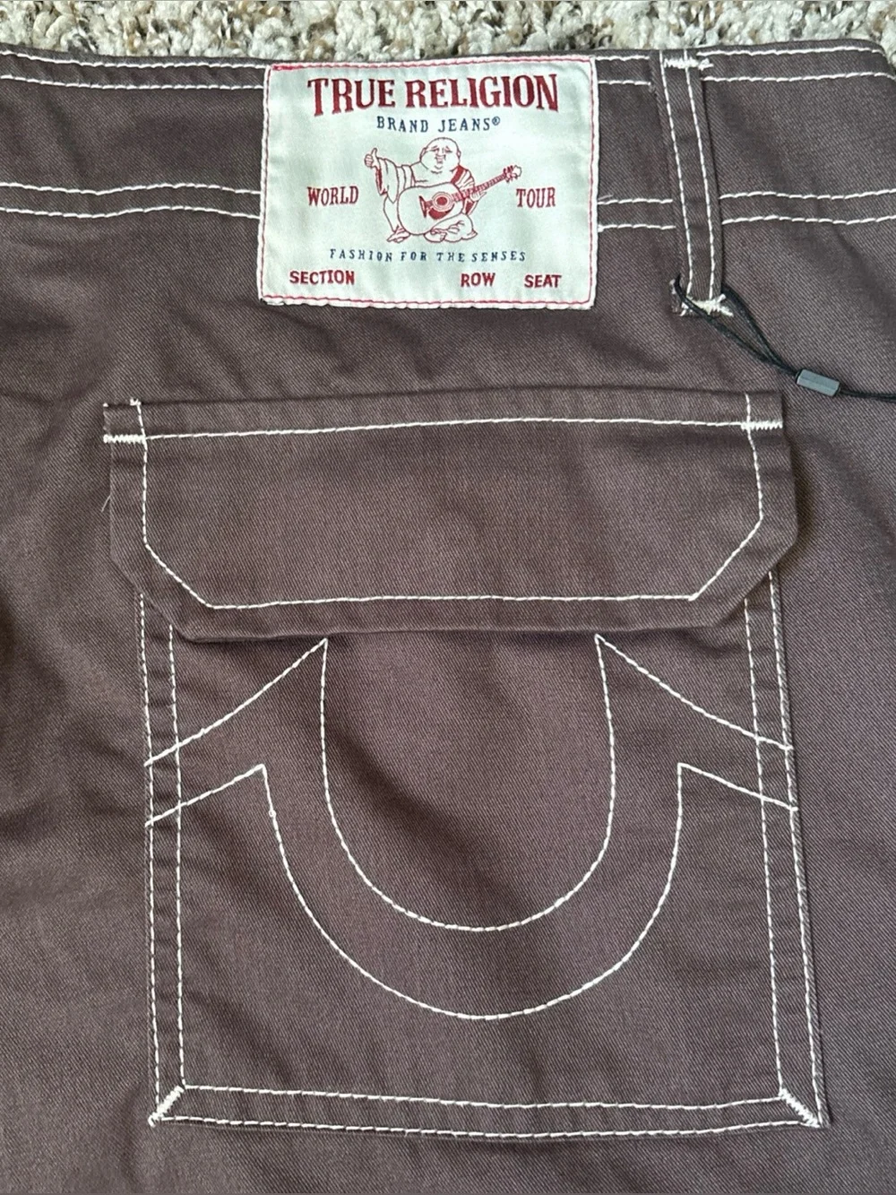 True Religion Men's Brown Cargo Pants with Contrast Stitching